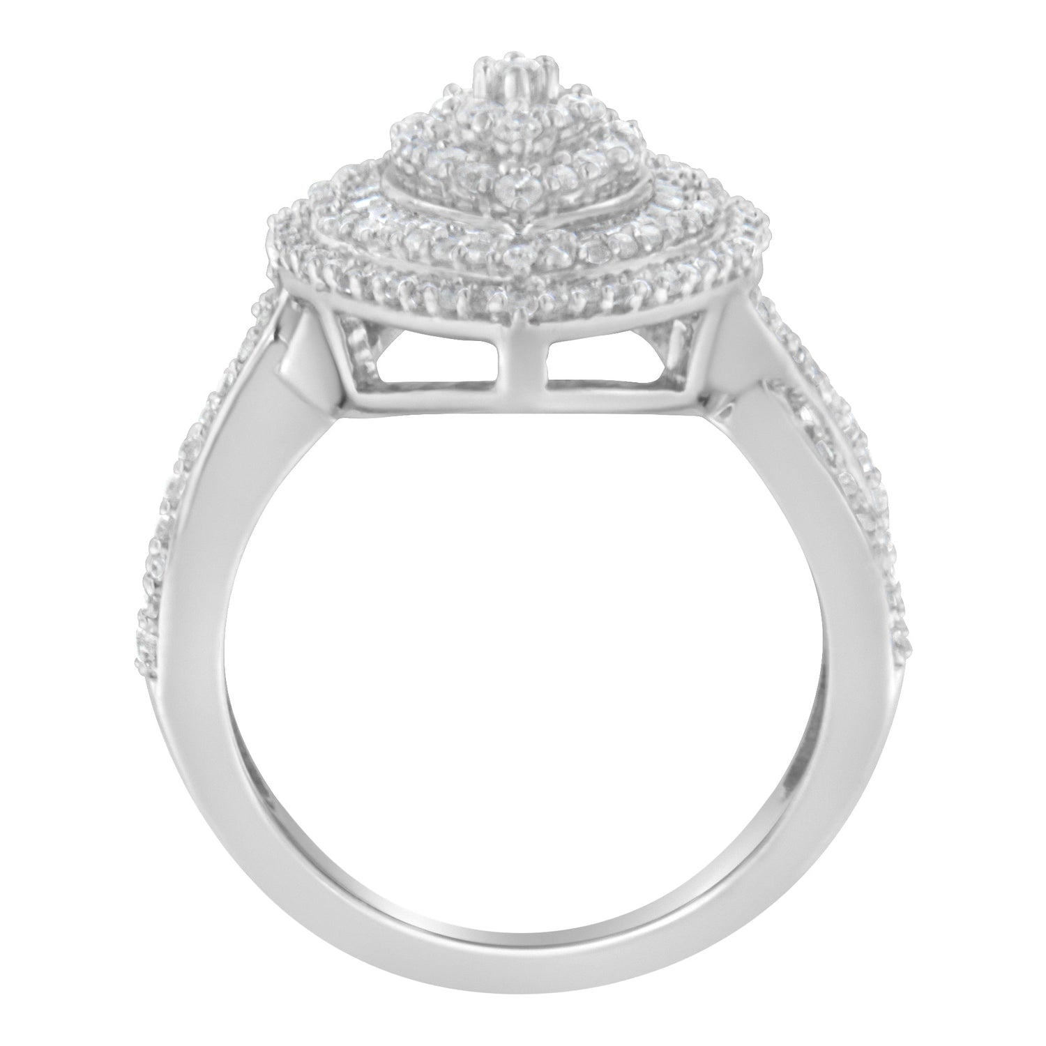 .925 Sterling Silver 1.0 Cttw Round &amp; Baguette-Cut Diamond Marquise-Shaped Cluster Triple Stepped Halo Cocktail Fashion Ring (I-J Color, I2-I3 Clarity) - Size 7 by Bids.com