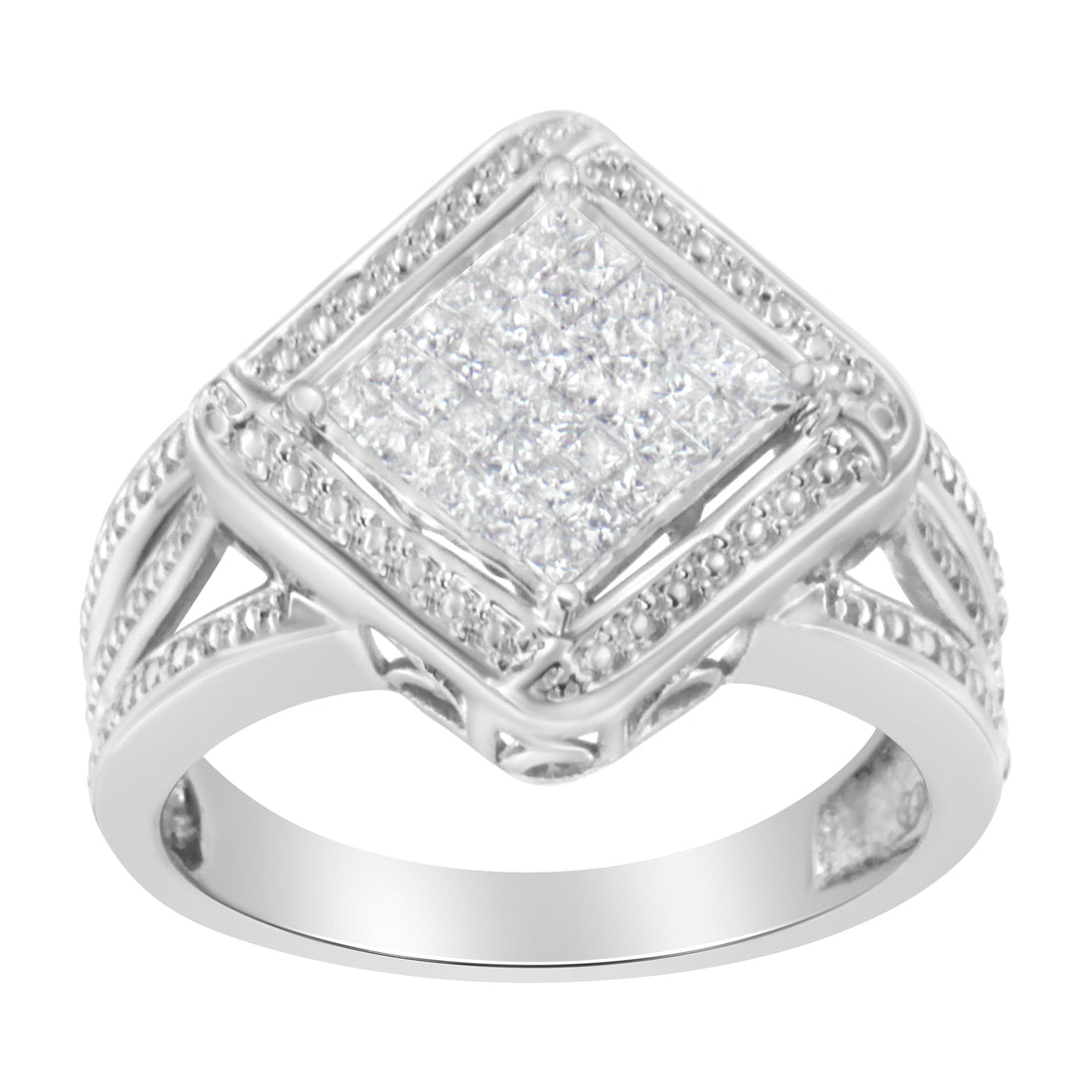.925 Sterling Silver 2/5 Cttw Princess Cut Diamond Square On Point Cluster Composite Cocktail Ring (H-I Color, SI1-SI2 Clarity) - Size 6 by Bids.com