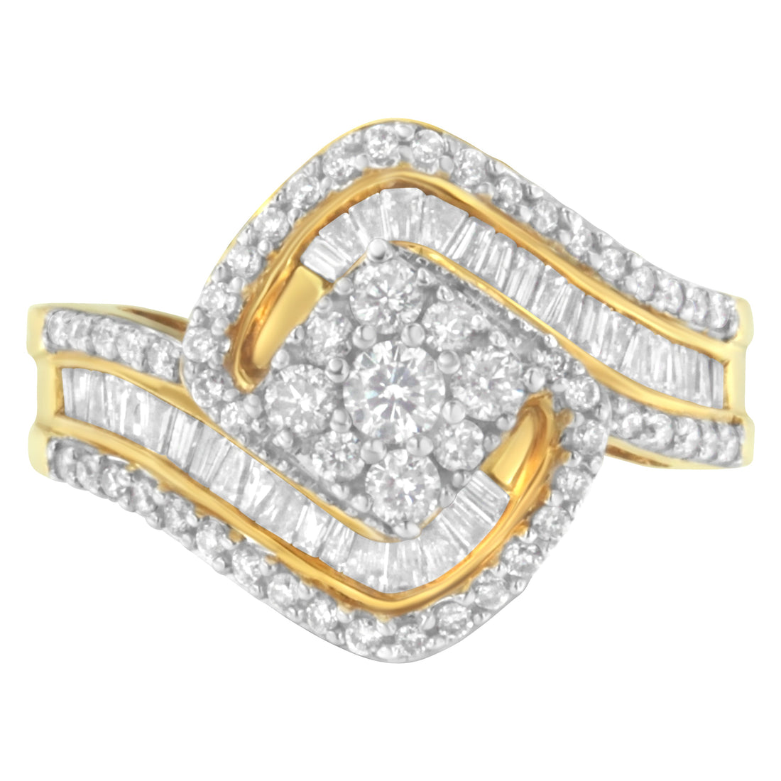 14K Yellow Gold 1.0 Cttw Baguette &amp; Brilliant-Cut Diamond Round Floral Cluster Engagement or Fashion Ring with Swirl Wrapped Triple Row Band (H-I Color, SI2-I1 Clarity) - Size 6-3/4  DestGlow