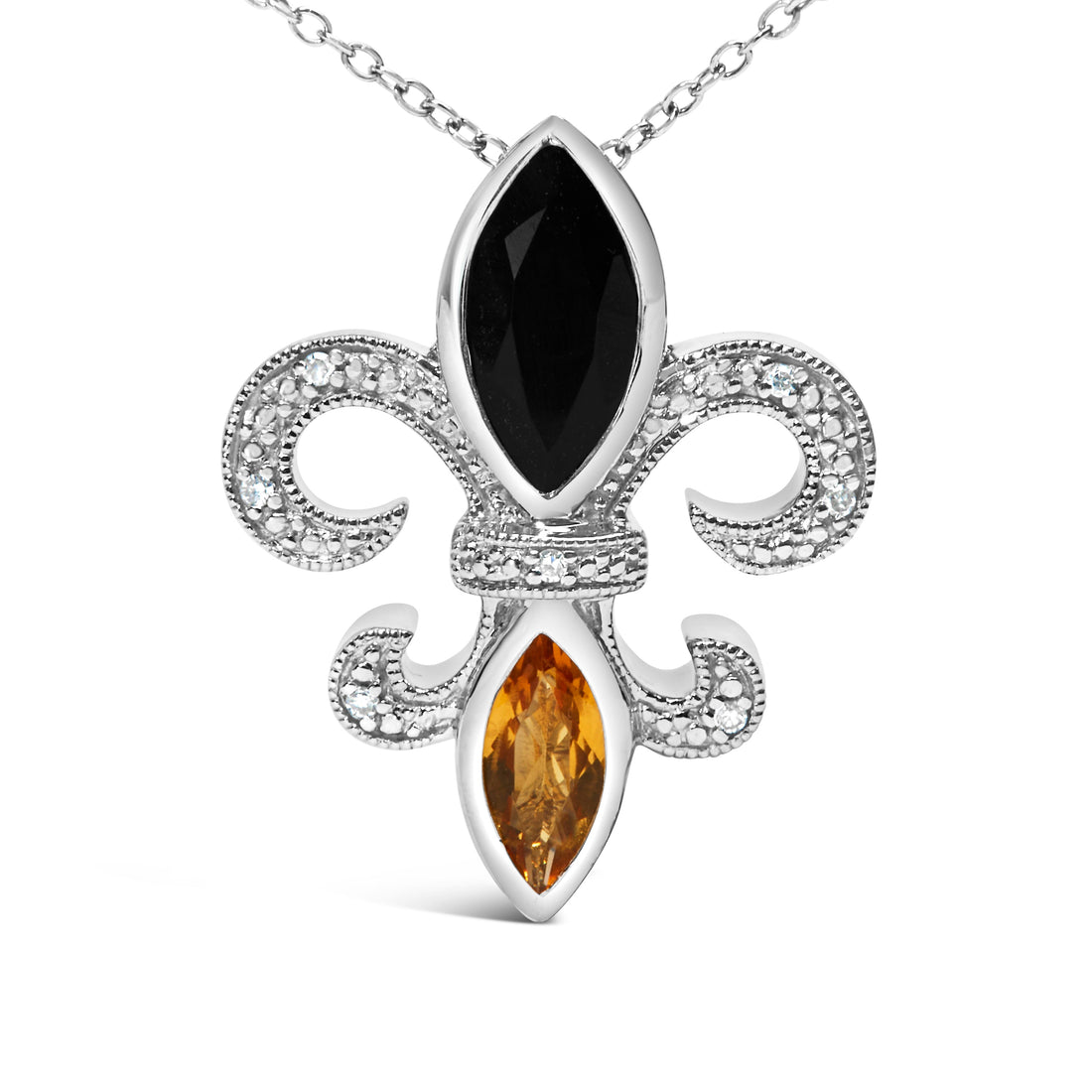 .925 Sterling Silver Marquise Onyx and Citrine and Diamond Accent Fleur De Lis Pendant Necklace (H-I Color, SI1-SI2 Clarity) - 18" by Bids.com