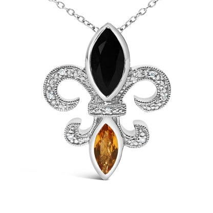 .925 Sterling Silver Marquise Onyx and Citrine and Diamond Accent Fleur De Lis Pendant Necklace (H-I Color, SI1-SI2 Clarity) - 18" by Bids.com