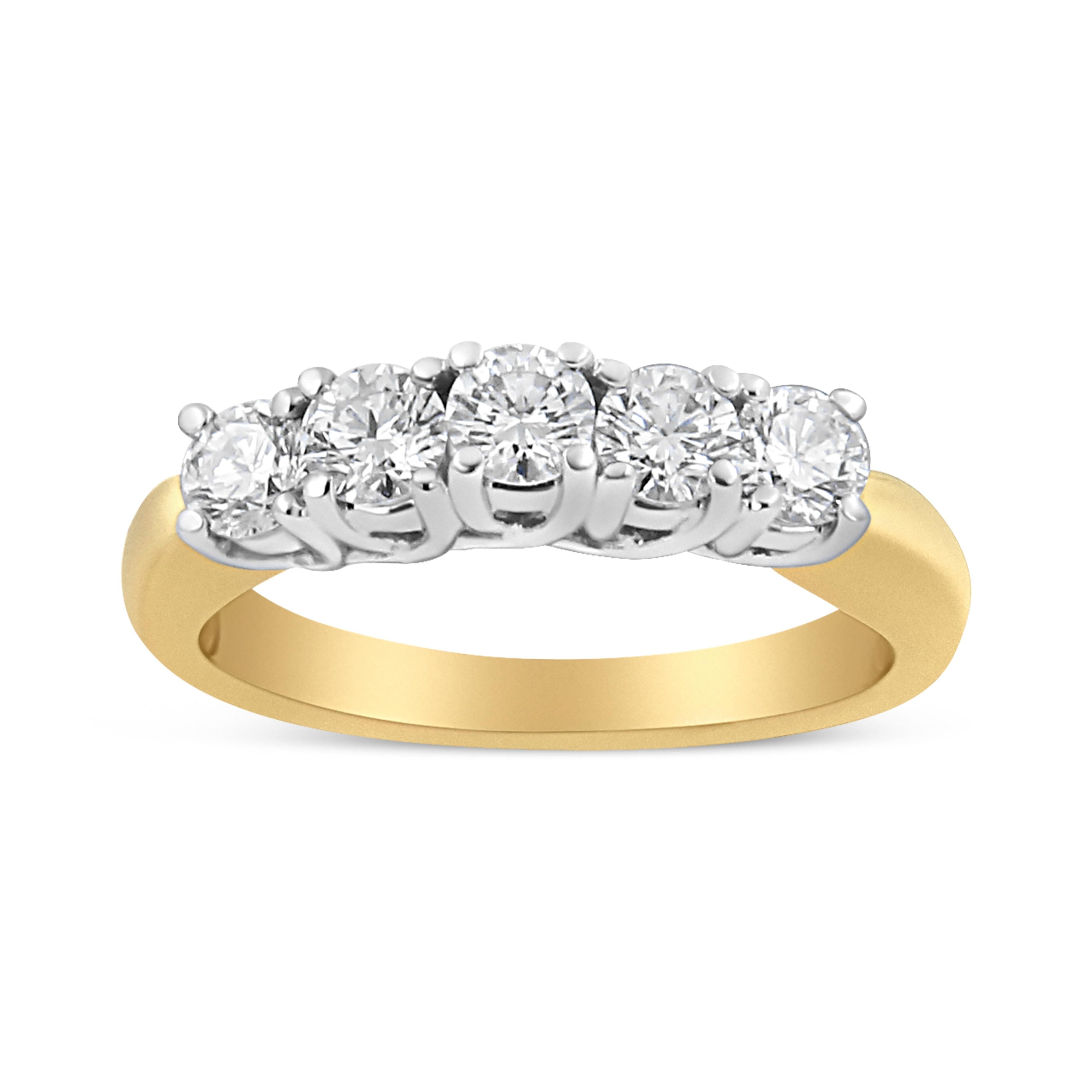 18K Yellow Gold 1.0 Cttw 4 Prong Set Round Cut Diamond Step up 5 Stone Ring Band (F-G Color, SI1-SI2 Clarity) - Size 6 by Bids.com