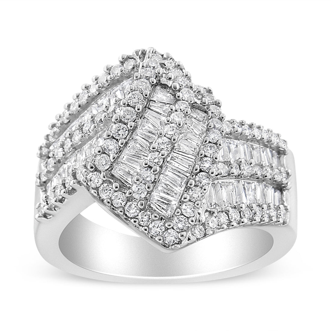 14K White Gold 1-1/2 Cttw Round and Baguette Diamond Bypass Cocktail Ring Band (H-I Color, SI1-SI2 Clarity) - Size 7 by Bids.com