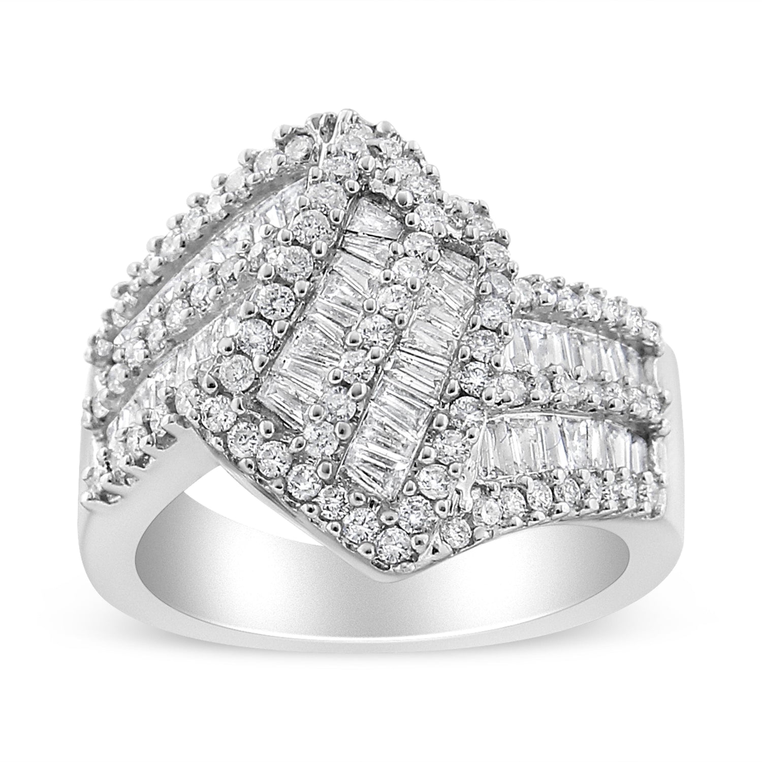 14K White Gold 1-1/2 Cttw Round and Baguette Diamond Bypass Cocktail Ring Band (H-I Color, SI1-SI2 Clarity) - Size 7 by Bids.com