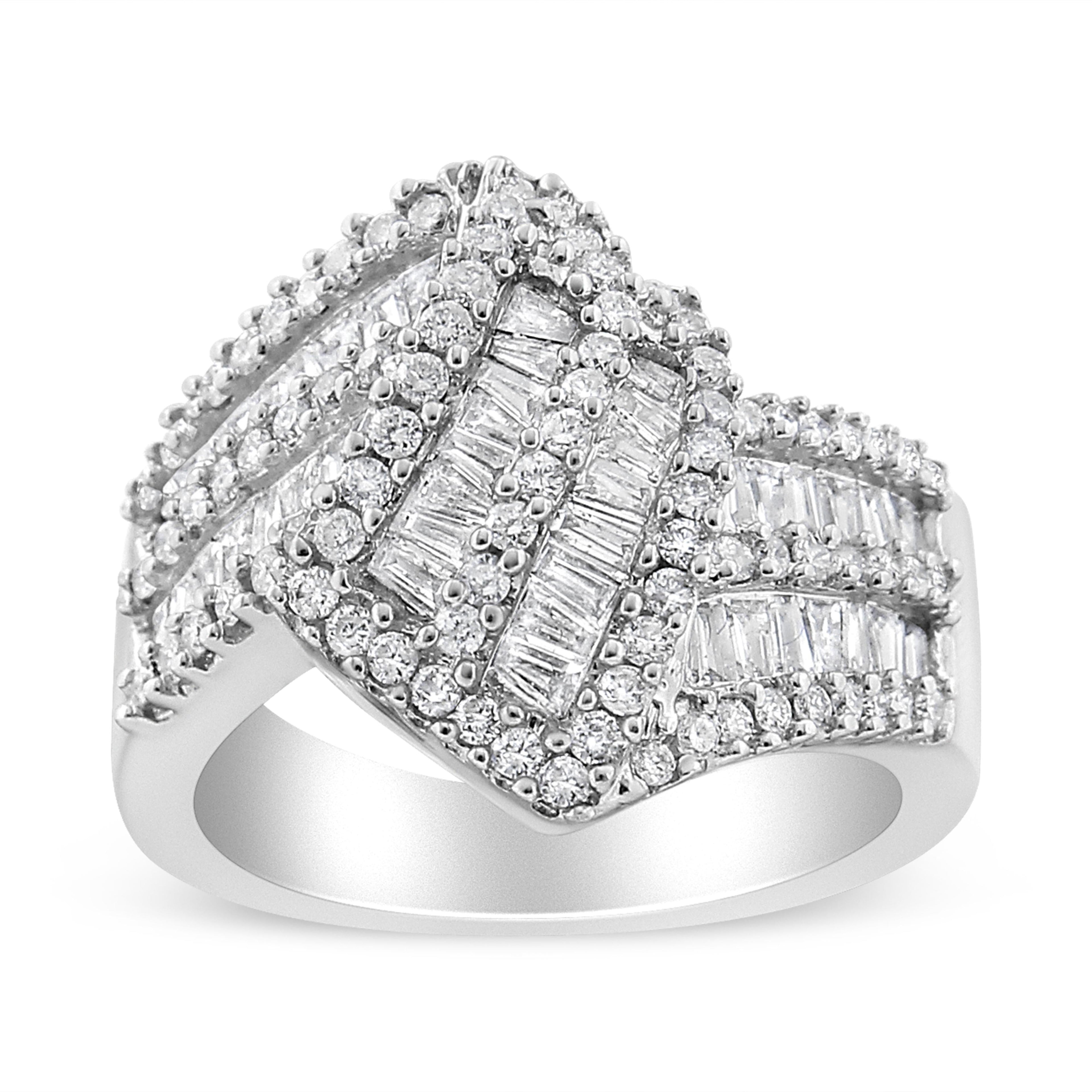 14K White Gold 1-1/2 Cttw Round and Baguette Diamond Bypass Cocktail Ring Band (H-I Color, SI1-SI2 Clarity) - Size 7 by Bids.com