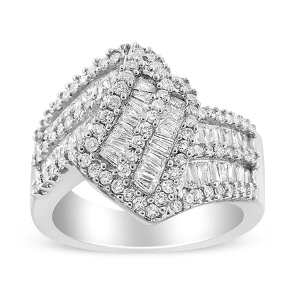 14K White Gold 1-1/2 Cttw Round and Baguette Diamond Bypass Cocktail Ring Band (H-I Color, SI1-SI2 Clarity) - Size 7 by Bids.com