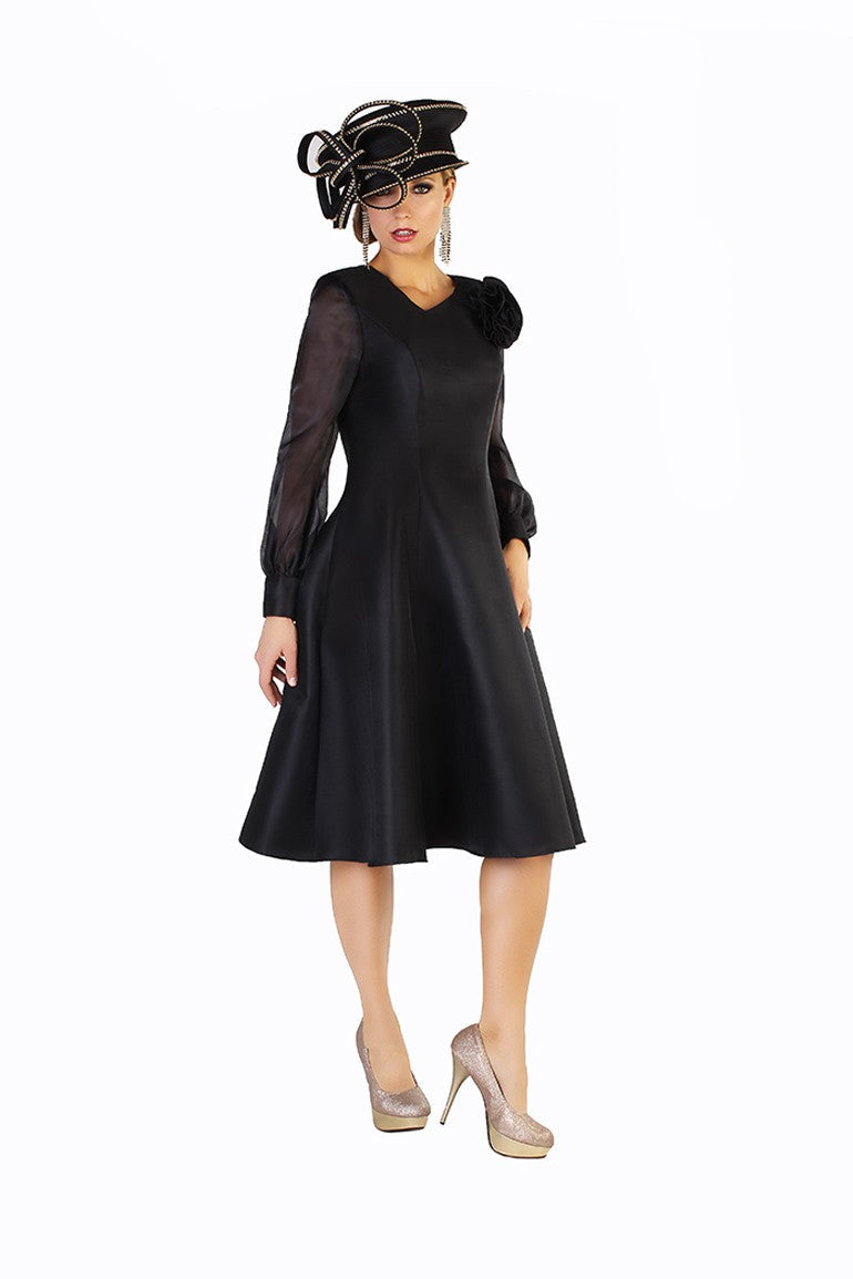 Elegant Black A-Line Dress with Sheer Sleeves and Floral Accent- 4521 by Tally Taylor