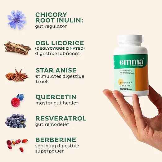 Emma Gut Health Doctors Endorsed Supplement - 60 Capsules - Relief from Gas and Bloating, Repairs Leaky Gut with Magnesium, Berberine, Vitamin D, Quercetin &amp; More - Gut Health &amp; Colon Cleanse Formula