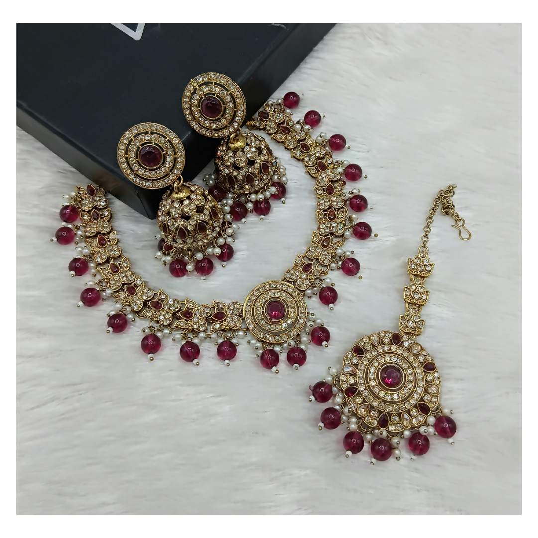 Joban Fashion Wine Stone Work Necklace Set
