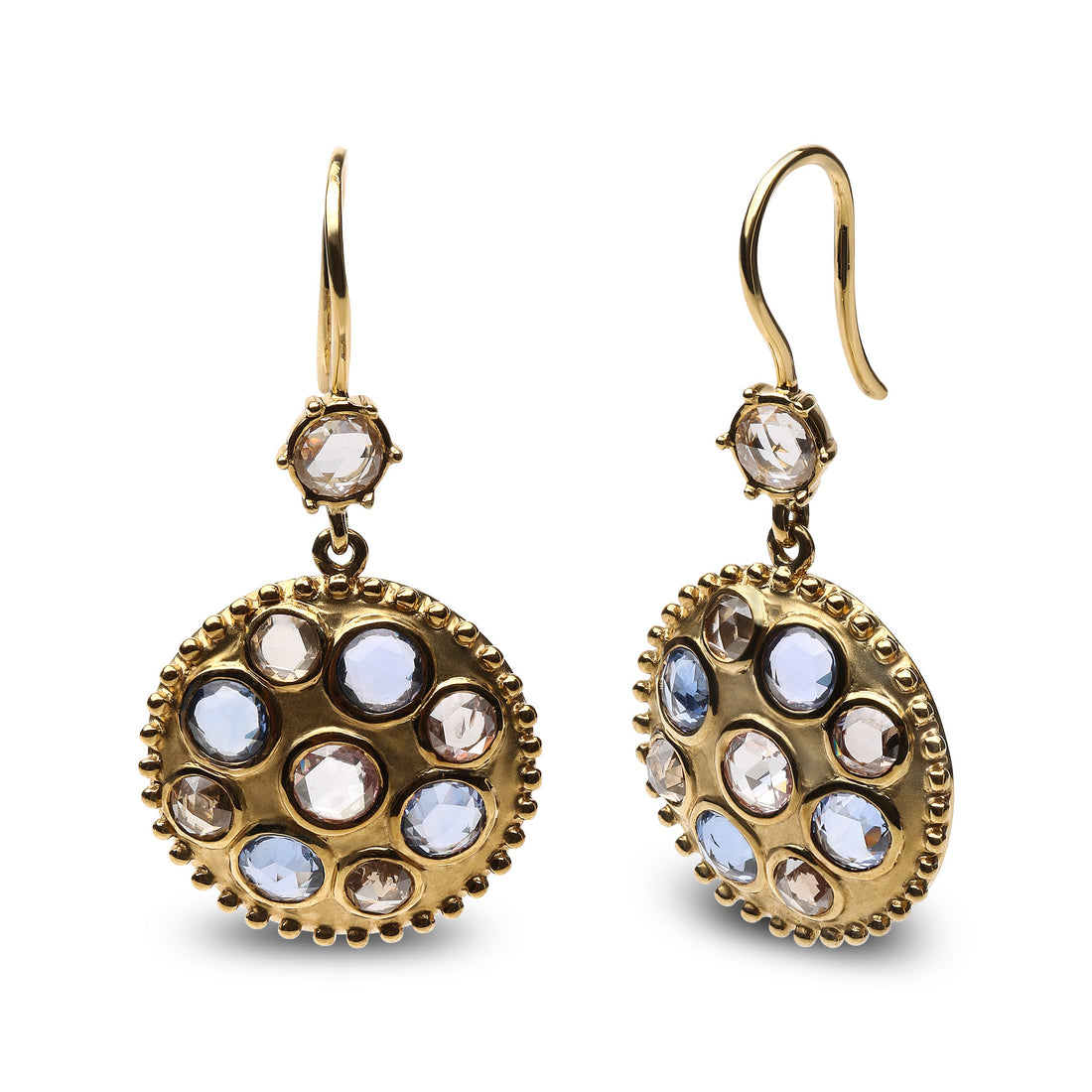 18K Yellow Gold 1 2/3 Cttw Diamond and Blue Sapphire Bezel Set Gemstone Cluster Medallion Dangle Earrings (Brown and G-H Color, SI1-SI2 Clarity) by Bids.com