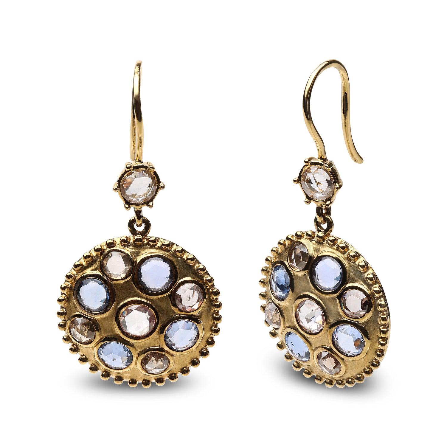 18K Yellow Gold 1 2/3 Cttw Diamond and Blue Sapphire Bezel Set Gemstone Cluster Medallion Dangle Earrings (Brown and G-H Color, SI1-SI2 Clarity) by Bids.com