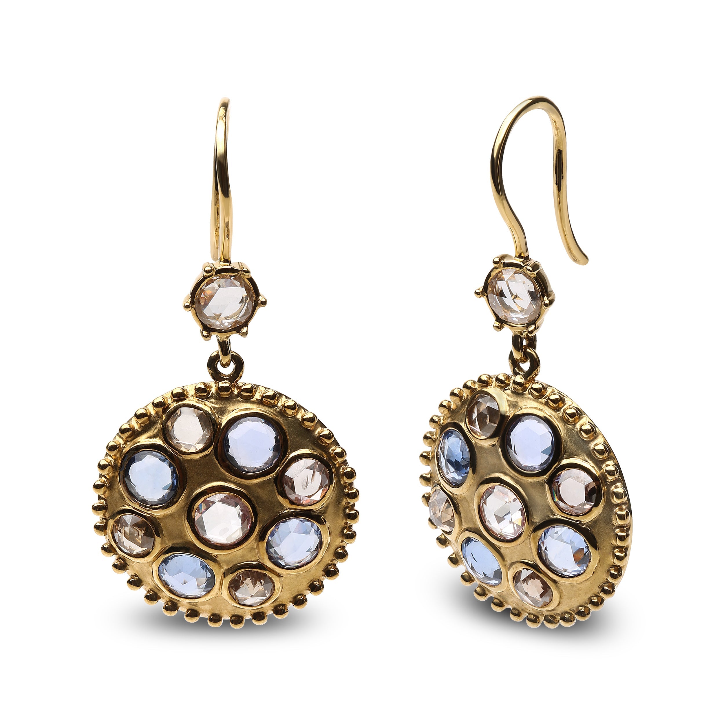 18K Yellow Gold 1 2/3 Cttw Diamond and Blue Sapphire Bezel Set Gemstone Cluster Medallion Dangle Earrings (Brown and G-H Color, SI1-SI2 Clarity) by Bids.com