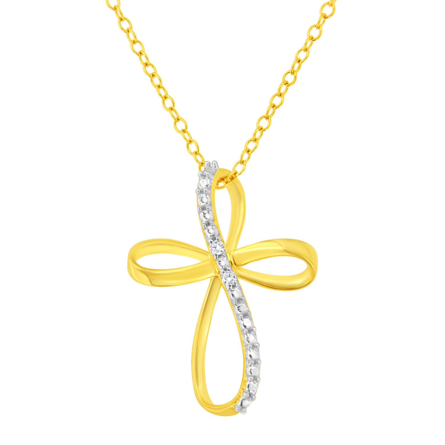 10K Yellow Gold Plated .925 Sterling Silver Diamond Accent Cross Ribbon 18" Pendant Necklace (I-J Color, I2-I3 Clarity) by Bids.com