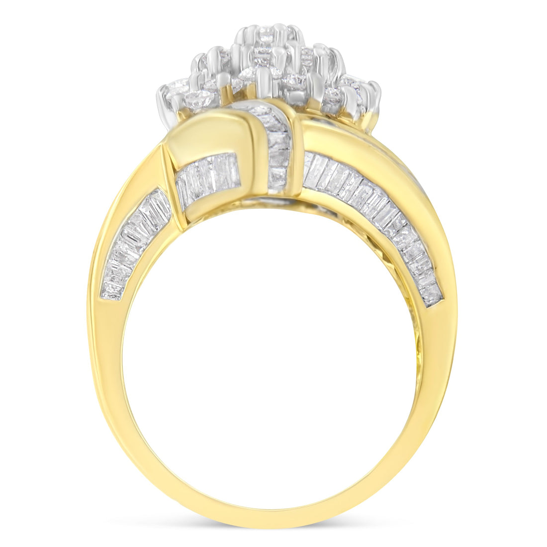10K Yellow Gold Round and Baguette Diamond Crossover Cluster Ring (3 Cttw, I-J Color, I1-I2 Clarity) - Size 7-1/2 by Bids.com