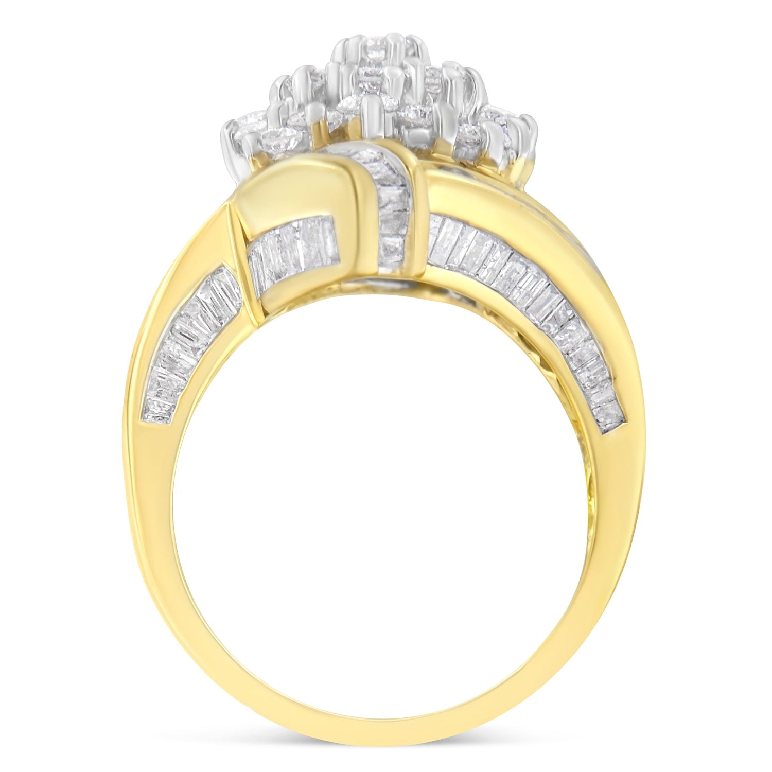 10K Yellow Gold Round and Baguette Diamond Crossover Cluster Ring (3 Cttw, I-J Color, I1-I2 Clarity) - Size 7-1/2 by Bids.com