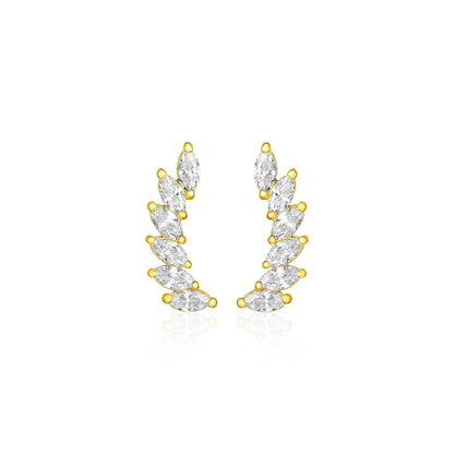 14k Yellow Gold Leaf Motif Climber Post Earrings with Marquise Cubic Zirconias  DestGlow