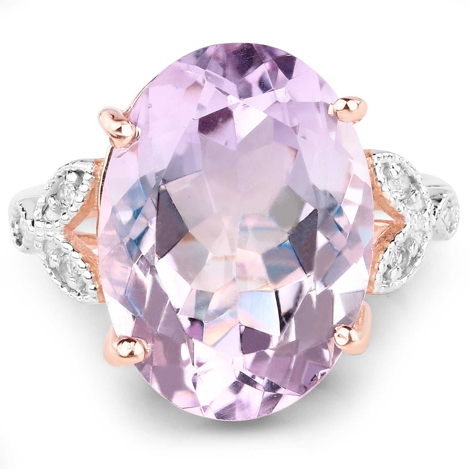 18K Rose Gold Plated 10.50 Carat Genuine Pink Amethyst and White Topaz .925 Sterling Silver Ring  DestGlow