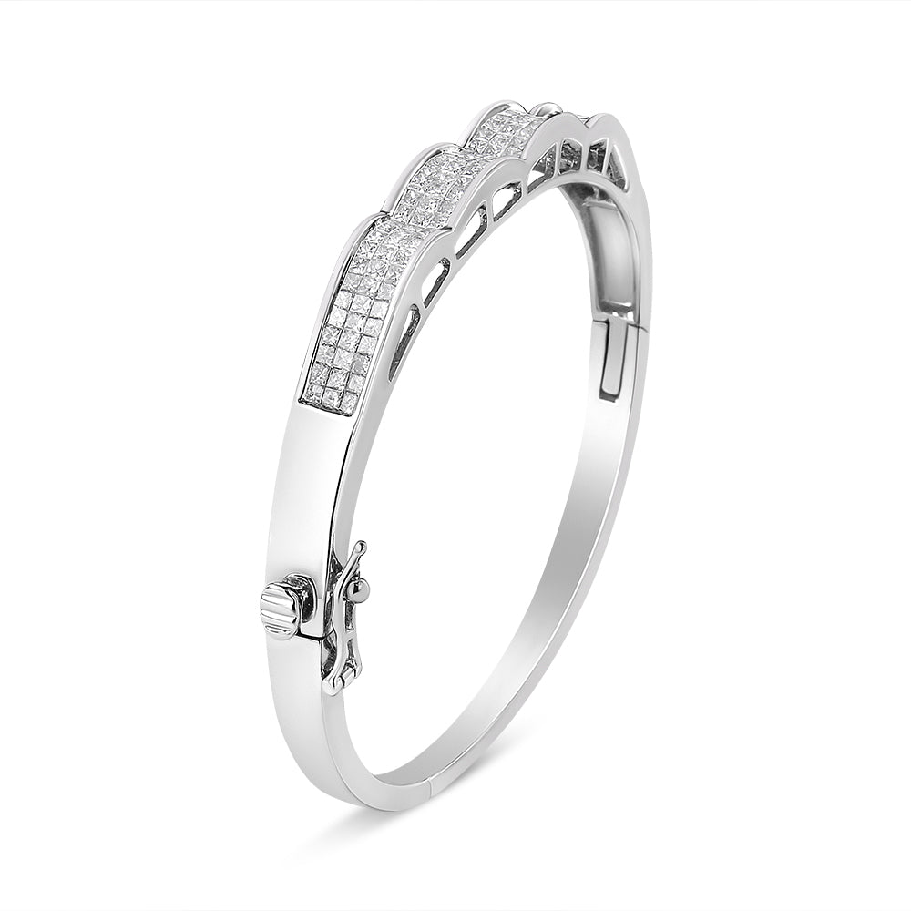 14K White Gold 3 1/3 Cttw Invisible Set Princess-Cut Diamond Wave Bangle Bracelet (H-I Color, SI1-SI2 Clarity) - Size 7" - DestGlow