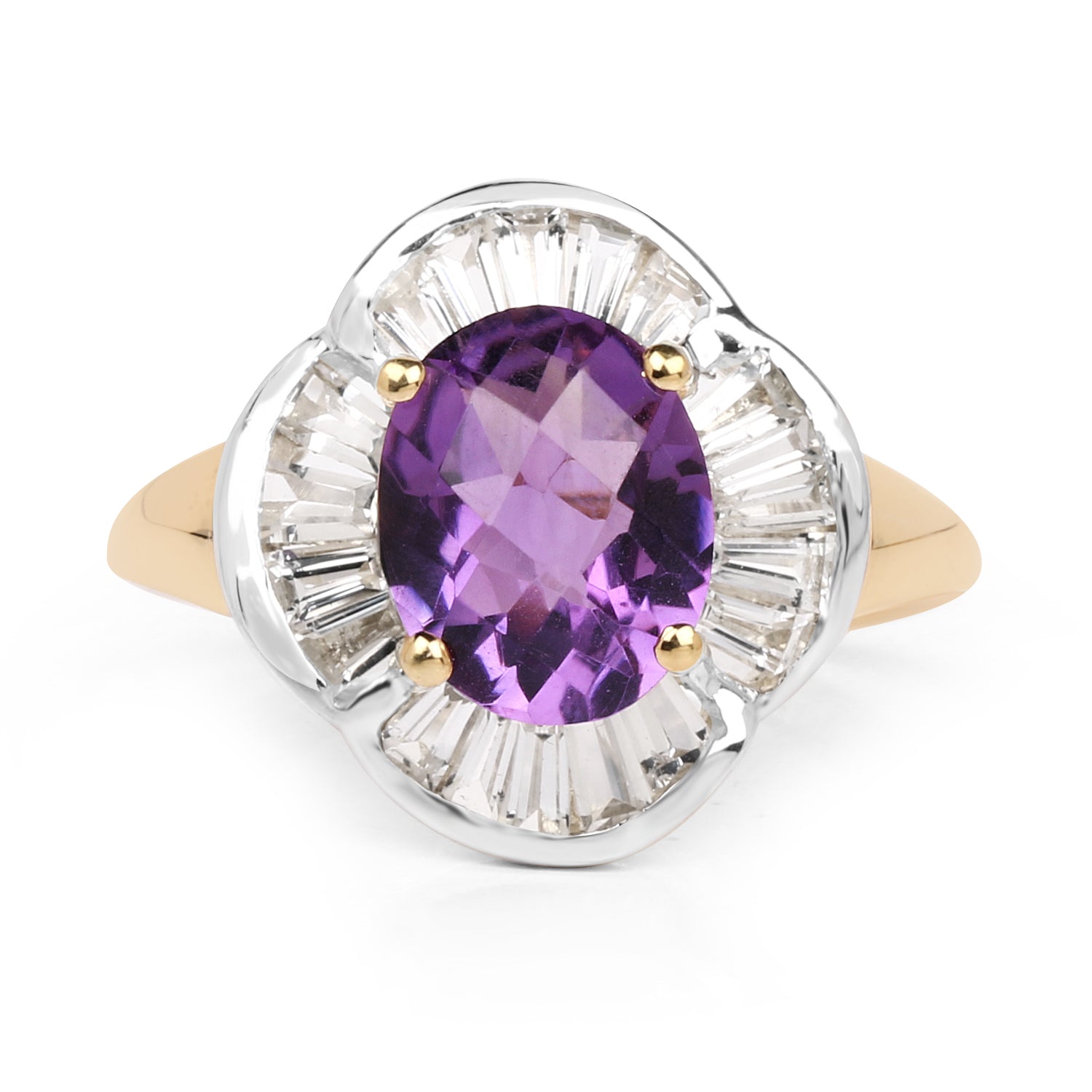 14K Yellow Gold Plated 3.35 Carat Genuine Amethyst &amp; White Topaz .925 Sterling Silver Ring  DestGlow