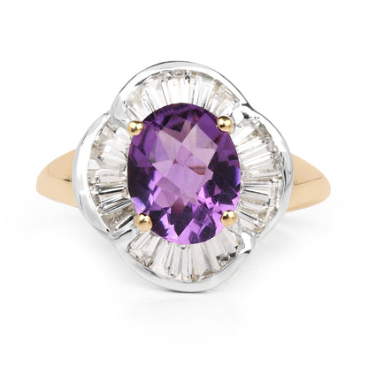 14K Yellow Gold Plated 3.35 Carat Genuine Amethyst &amp; White Topaz .925 Sterling Silver Ring  DestGlow