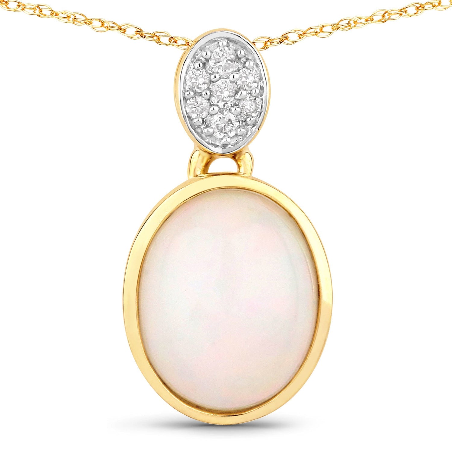 1.648 Carat Genuine Ethiopian Opal and White Diamond 10K Yellow Gold Pendant  DestGlow