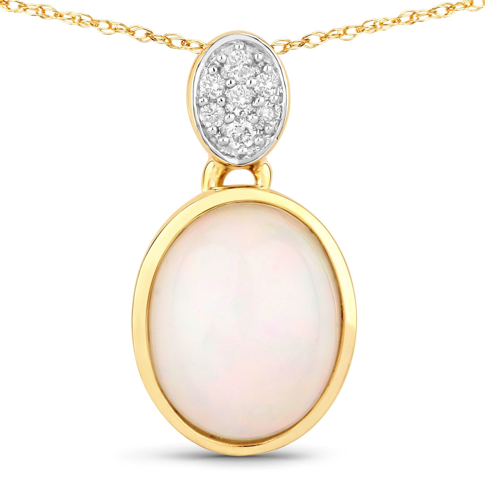 1.648 Carat Genuine Ethiopian Opal and White Diamond 10K Yellow Gold Pendant  DestGlow