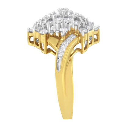 10K Yellow Gold Round And Baguette Cut Diamond Cluster Ring (1 1/10 Cttw, H-I Color, SI2-I1 Clarity) - Size 7 by Bids.com