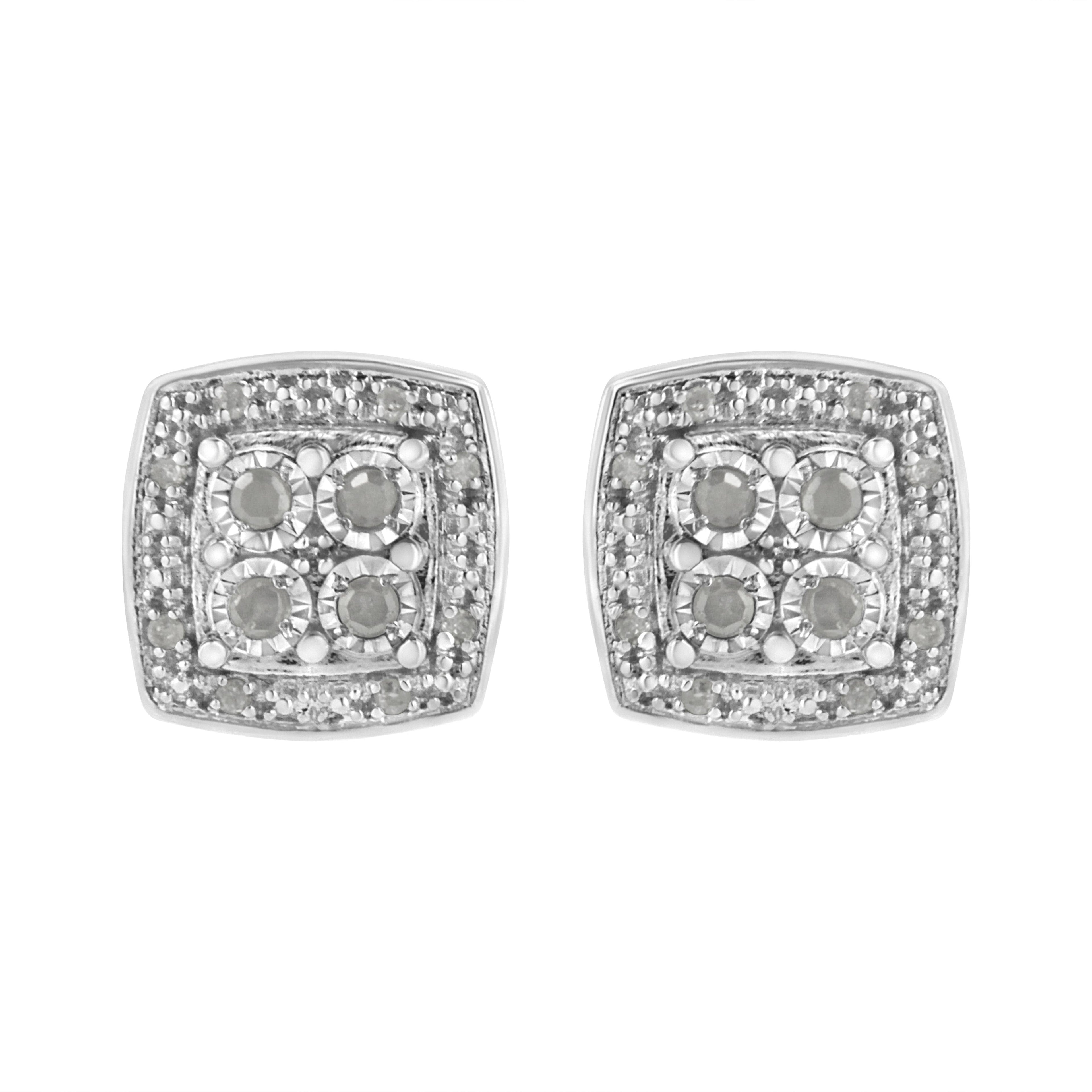 .925 Sterling Silver 1/4 cttw Round Cut Diamond Square Shape Milgrain Stud Earrings (I-J Color, I3 Clarity) by Bids.com