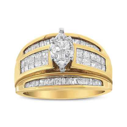 14K Yellow Gold 1 1/2 Cttw Pie, Princess and Baguette-cut Diamond Marquise Shaped Engagement Cocktail Ring Band (H-I Color, I1-I2 Clarity) - Ring Size 7  DestGlow