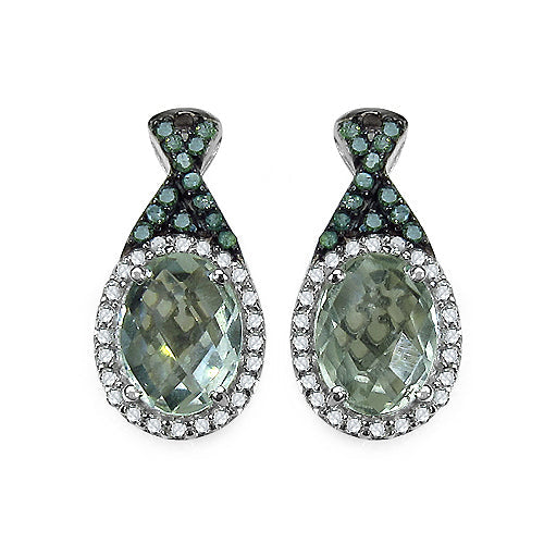 2.55 Carat Genuine Green Amethyst, Green Diamond &amp; White Diamond .925 Sterling Silver Earrings by Bids.com