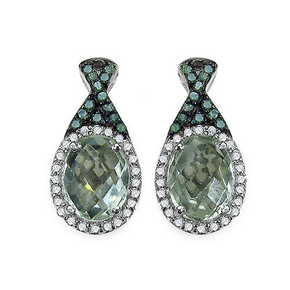 2.55 Carat Genuine Green Amethyst, Green Diamond &amp; White Diamond .925 Sterling Silver Earrings by Bids.com