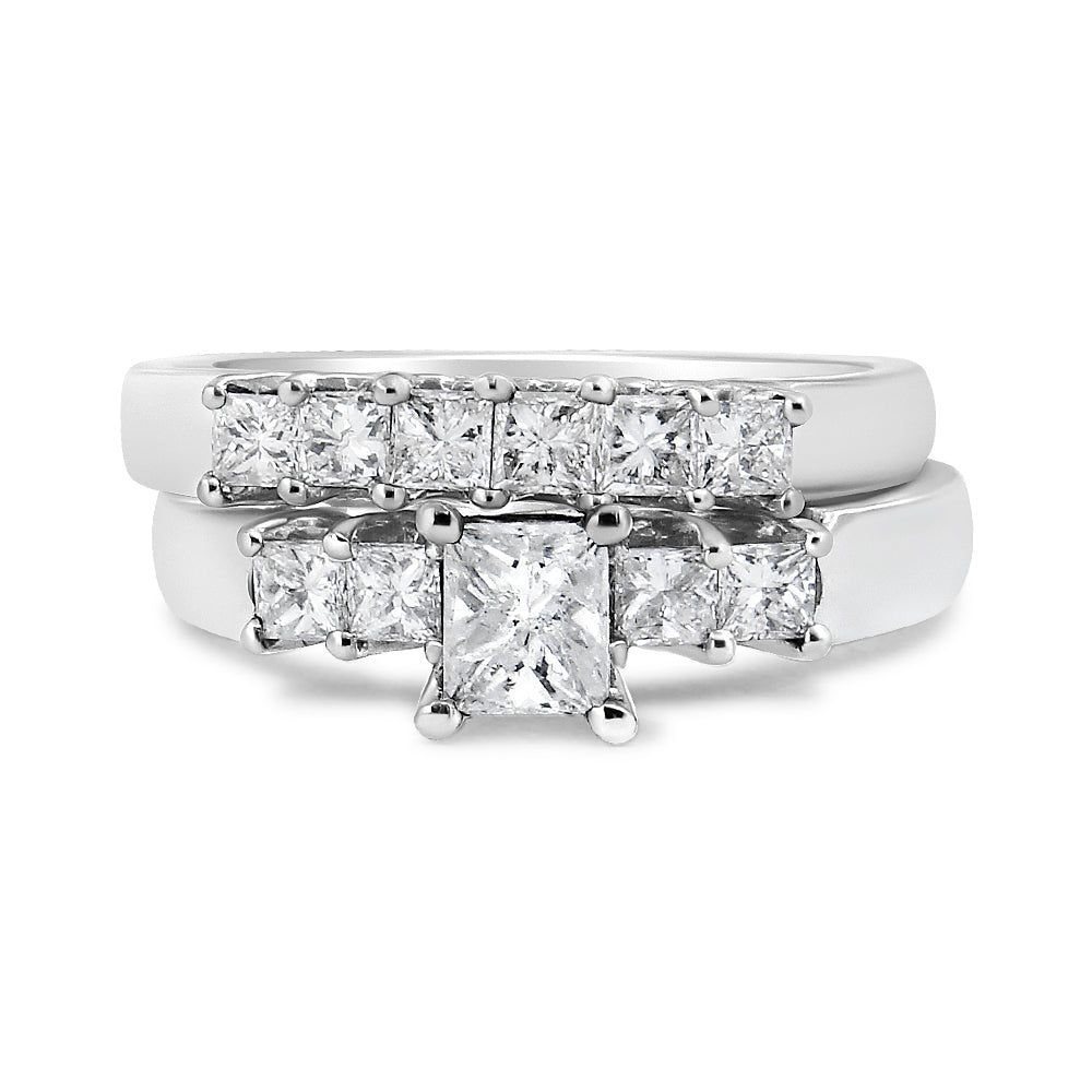 14K White Gold 1 1/2 Cttw 5 Stone Princess Diamond Engagement Wedding Ring Set (H-I Color, SI2-I1 Clarity) - Ring Size 7 by Bids.com