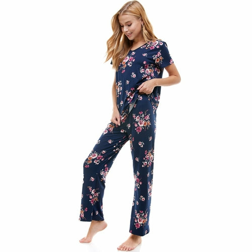 Women's Floral Print Lounge Set - Soft Pajama Top & Pants (Size L)