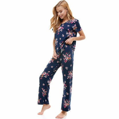 Women's Floral Print Lounge Set - Soft Pajama Top & Pants (Size L)