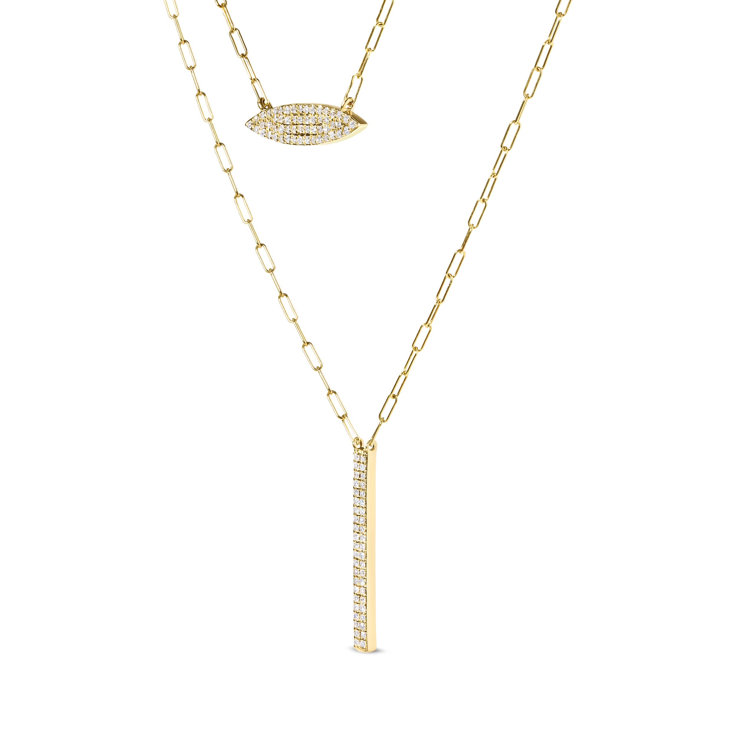 14K Yellow Gold 3/8 Cttw Two-Strand Marquise and Bar Charm Paper Clip Link Pendant Necklace (I-J Color, I1-I2 Clarity) -18" and 20" Inch Lengths by Bids.com