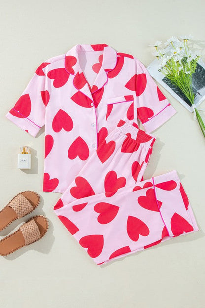 Women's Valentine's Day Pajama Set - Heart Print Short Sleeve Shirt & Pants