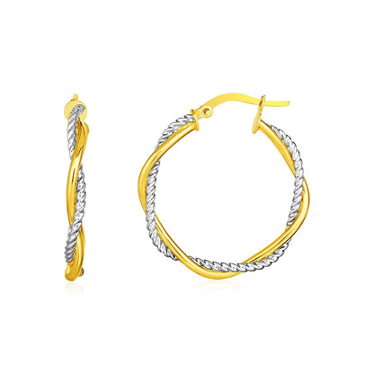 14k Yellow and White Gold Two Part Textured Twisted Round Hoop Earrings  DestGlow