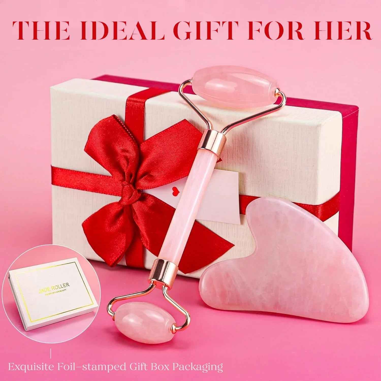 Jade Roller &amp; Gua Sha, Natural Jade Face Roller Gua Sha Facial Tools Skin Care Massager, Pink