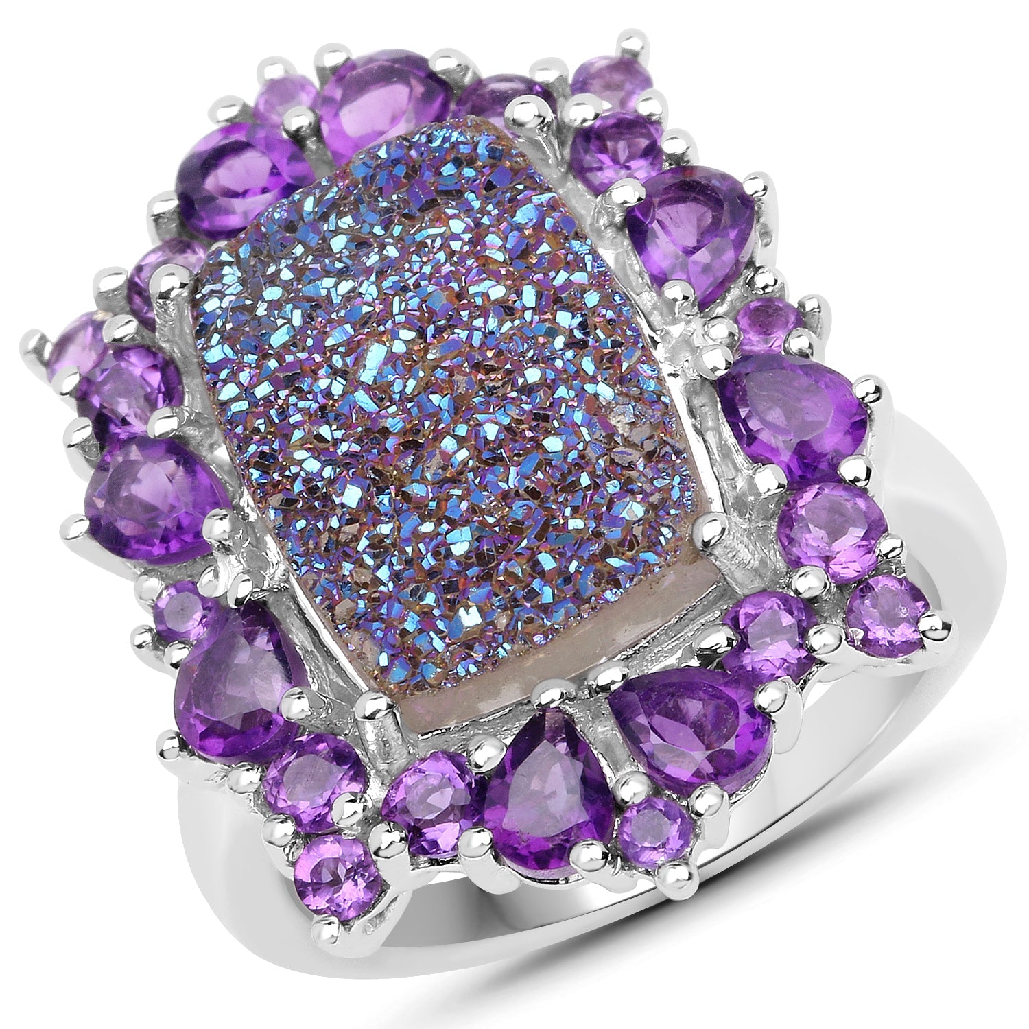 5.97 Carat Genuine Drusy Quartz and Amethyst .925 Sterling Silver Ring by Bids.com
