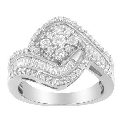 14K White Gold 1 Cttw Baguette and Round Diamond Floral Swirl Cluster Cocktail Ring by Bids.com
