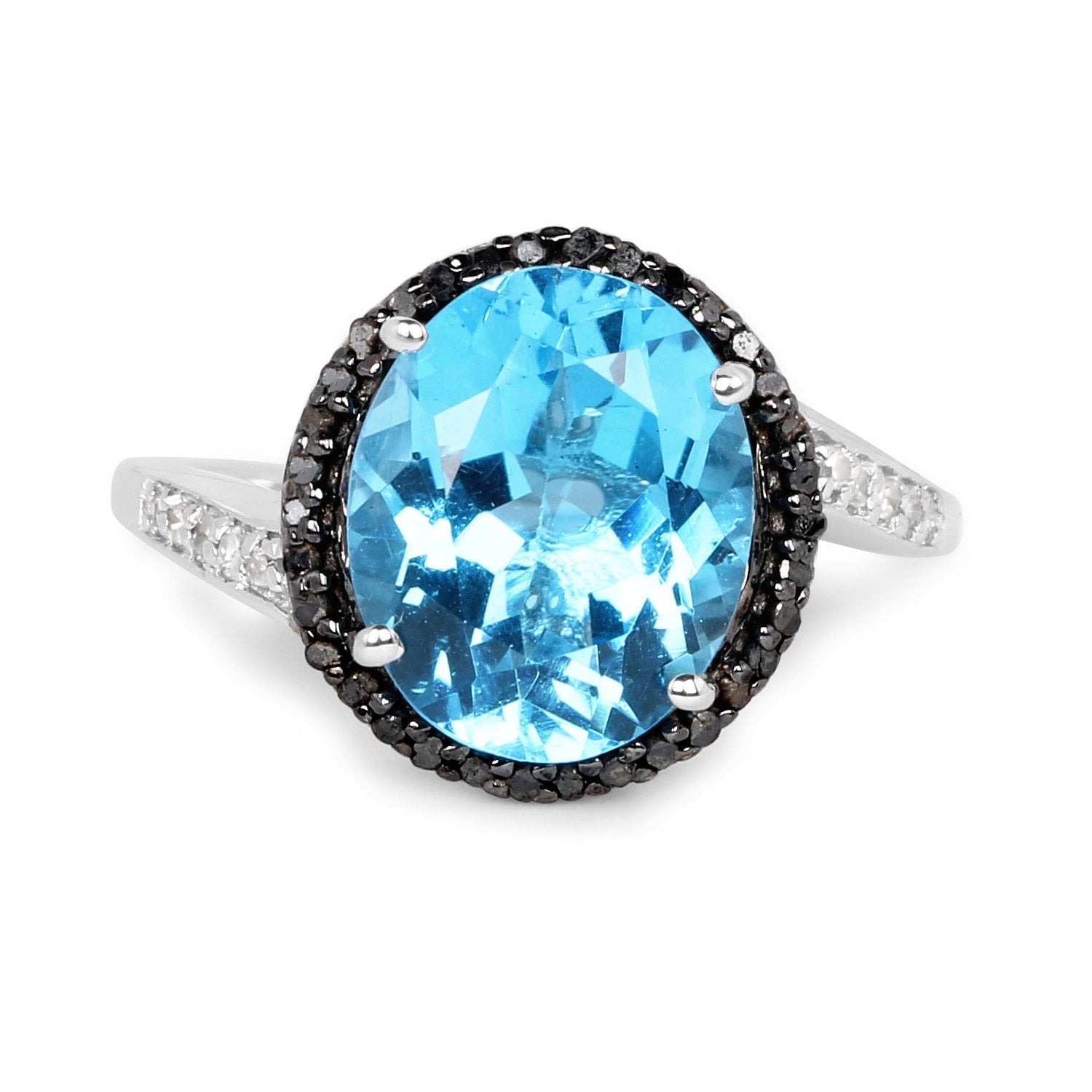 5.48 Carat Genuine Swiss Blue Topaz, Black Diamond and White Diamond .925 Sterling Silver Ring by Bids.com