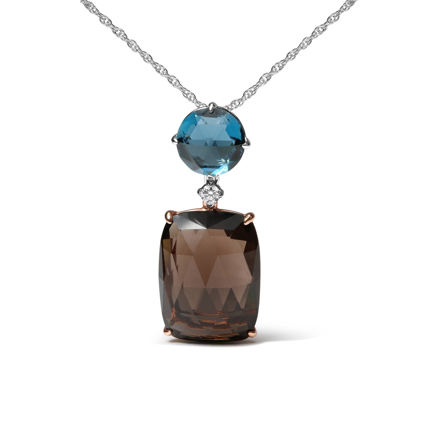 18K Rose and White Gold Diamond Accent and London Blue Topaz and Cushion Cut Smoky Quartz Gemstone Dangle Drop 18" Pendant Necklace (G-H Color, SI1-SI2 Clarity) by Bids.com