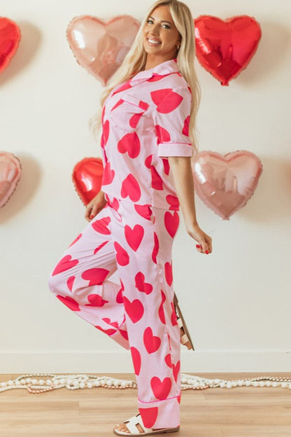 Women's Valentine's Day Pajama Set - Heart Print Short Sleeve Shirt & Pants