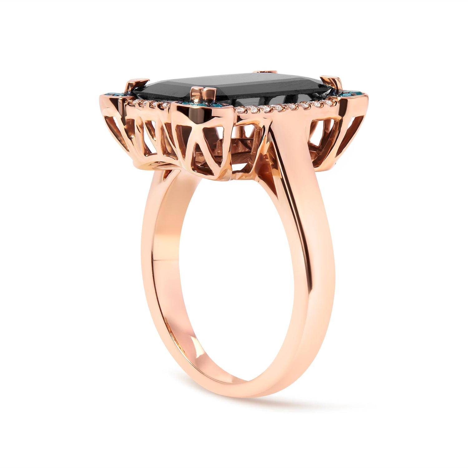 14K Rose Gold 15x10 MM Emerald-Cut Black Onyx and 1/5 Cttw Blue and White Diamond Halo Cocktail Ring (G-H Color, SI1-SI2 Clarity)- Size 7 by Bids.com