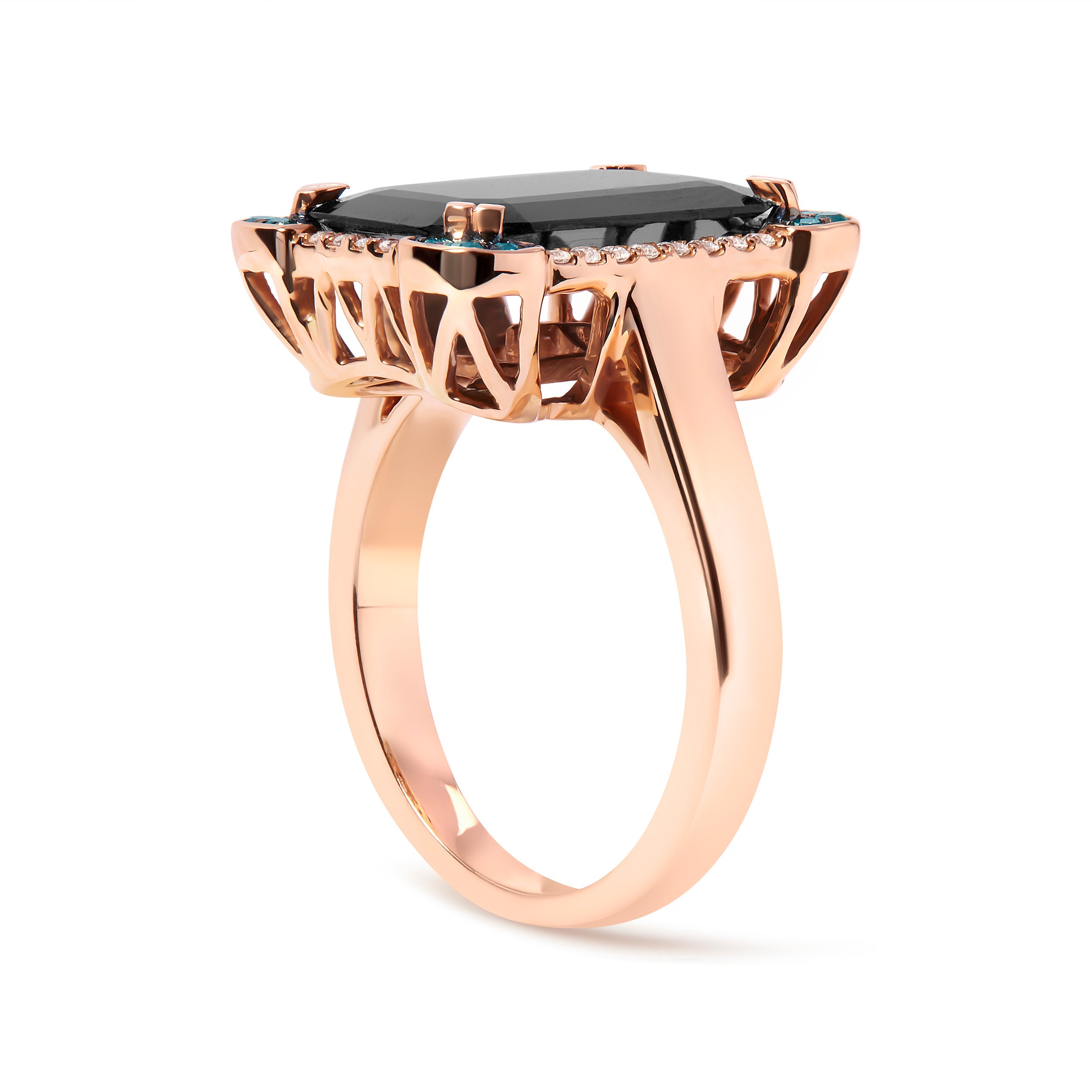 14K Rose Gold 15x10 MM Emerald-Cut Black Onyx and 1/5 Cttw Blue and White Diamond Halo Cocktail Ring (G-H Color, SI1-SI2 Clarity)- Size 7 by Bids.com