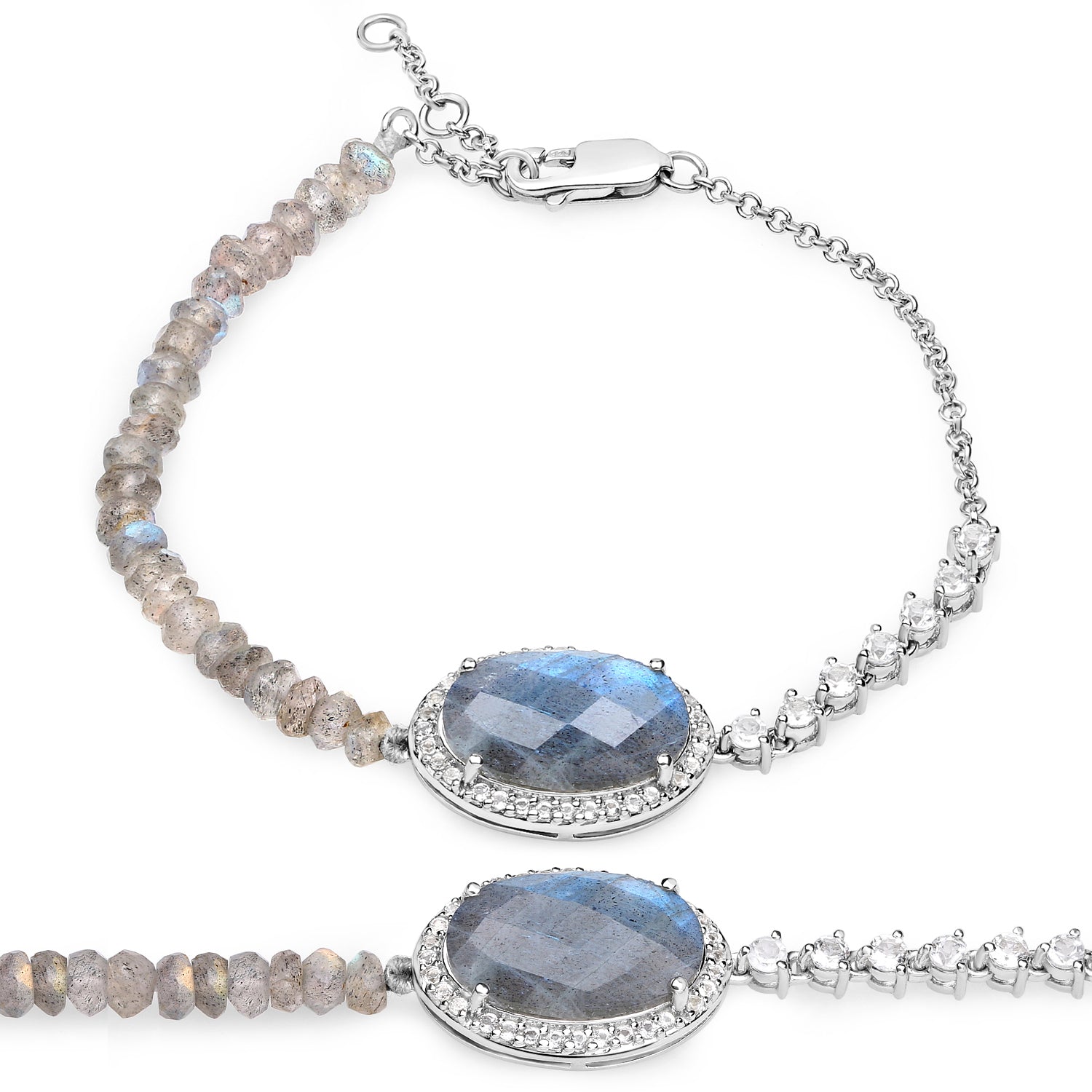 17.49 Carat Genuine Labradorite and White Topaz .925 Sterling Silver Bracelet  DestGlow