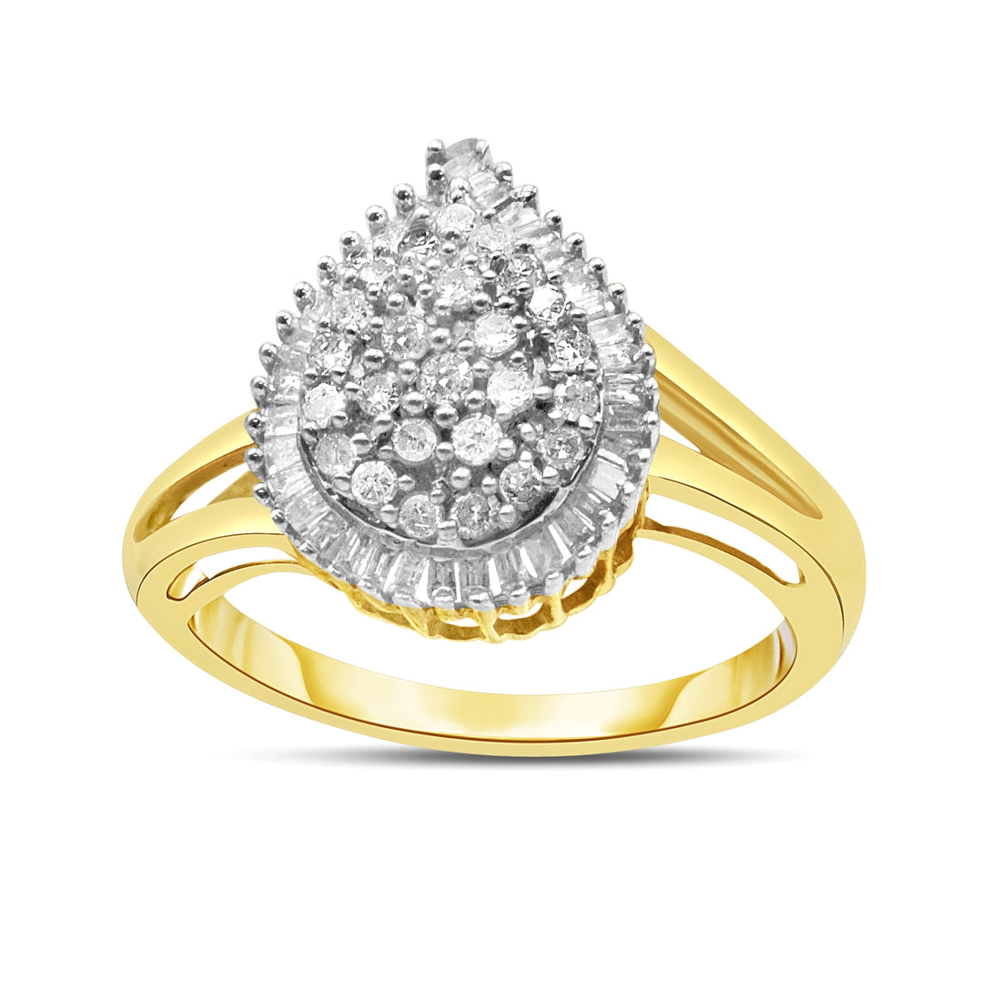 10K Yellow Gold 1/2 Cttw Round and Baguette-Cut Diamond Pear Ring (I-J Color, I1-I2 Clarity) - Size 7 by Bids.com