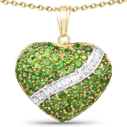 14K Yellow Gold Plated 4.51 Carat Genuine Chrome Diopside and White Topaz .925 Sterling Silver Pendant  DestGlow