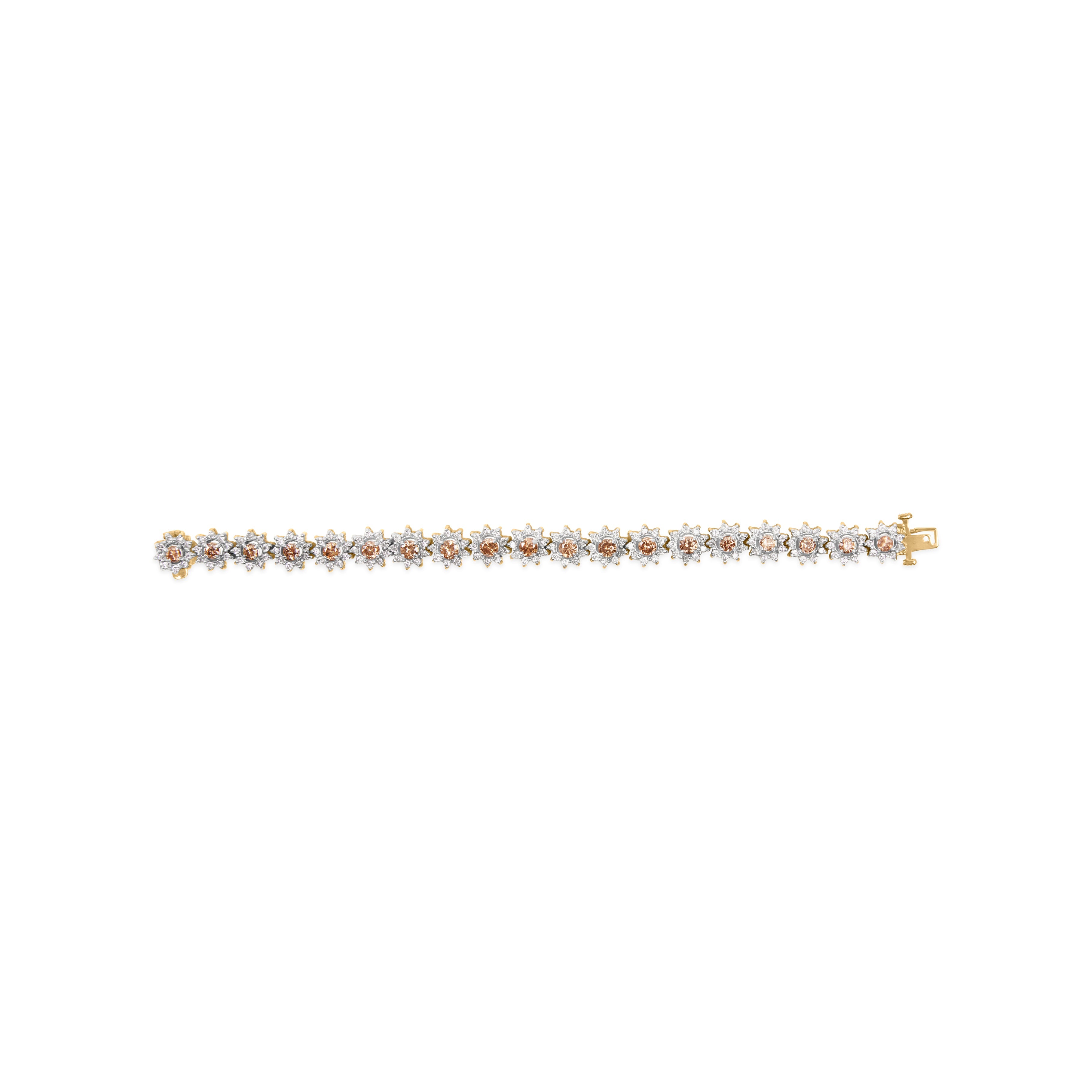14K Yellow Gold 8.00 Cttw Champagne Diamond Floral Cluster Halo Link Bracelet (H-I Color, I1-I2 Clarity) by Bids.com