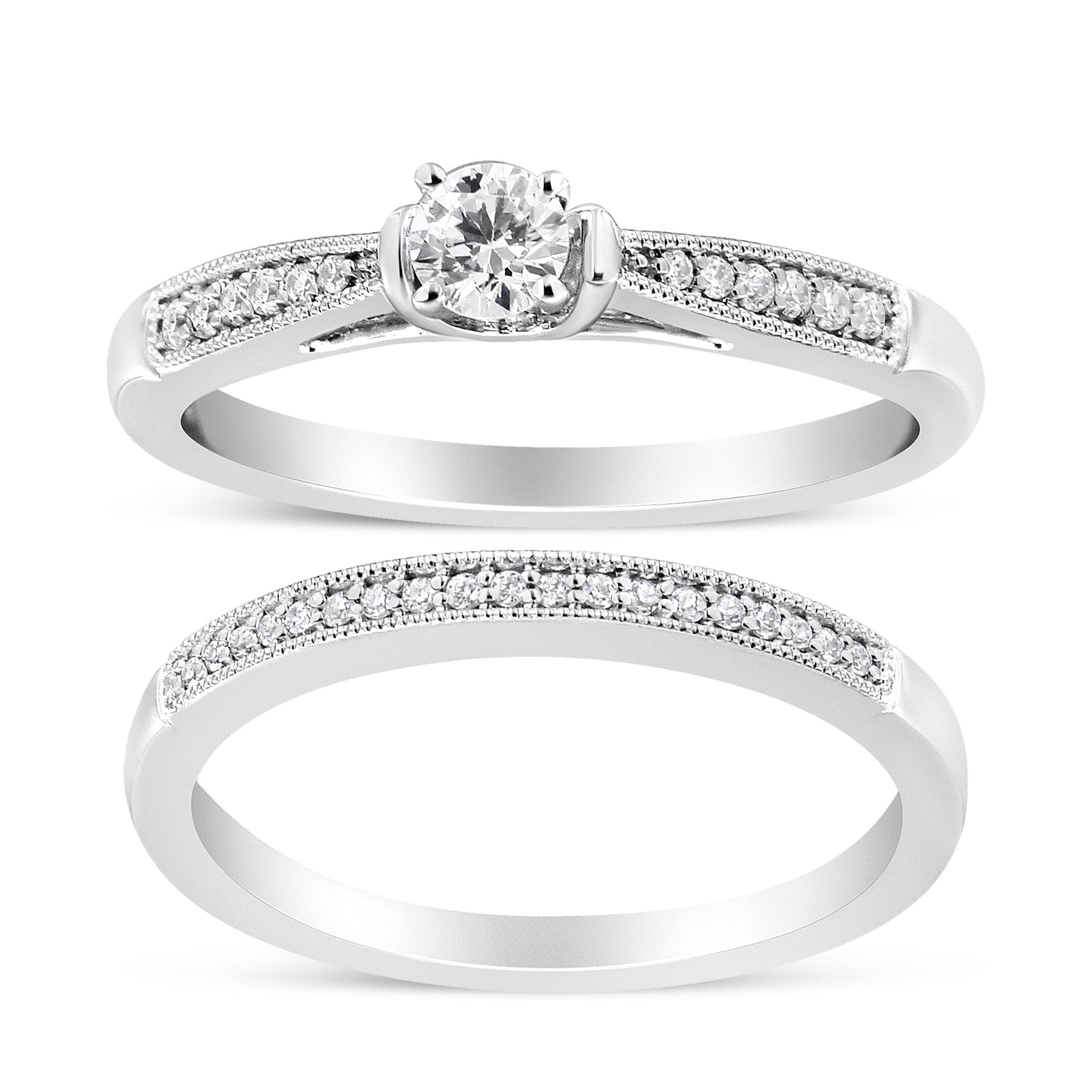 .925 Sterling Silver 1/3 Cttw Diamond Classic Engagement Ring Bridal Set with Milgrain (I-J Color, I3 Clarity) - Ring Size 7 by Bids.com